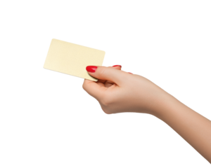Plastic gold credit card in a woman's hand, red nail polish