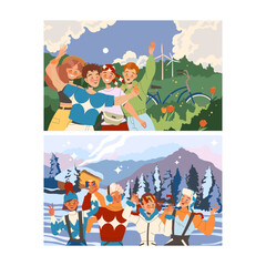 Group of Happy Man and Woman on Landscape Background Smiling and Cheering Vector Illustration Set