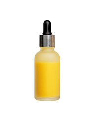 A bottle of vitamin C serum and slice of orange in the background with reflection.