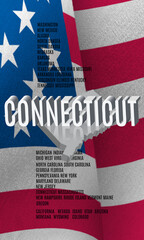 Connecticut inscription on American flag background. 3D image