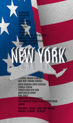 New York inscription on American flag background. 3D image