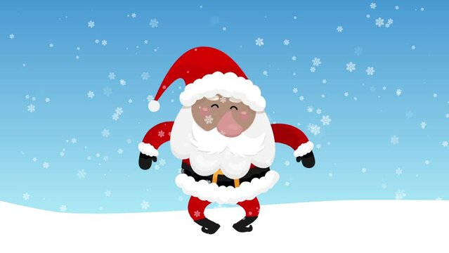 Latin santa claus, animated cartoon, dancing in a christmas background while snowing,