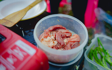 Seasoned marinated pork in a clear plastic bowl, camping menu.