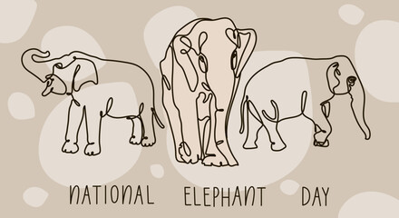 A postcard, a banner for the Elephant Day holiday. Linear drawing of elephants with the inscription World Elephant Day. Printing on paper and textiles.