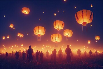 Chinese lanterns flying in the night sky. Lantern Festival at Chinese New Year. Traditional flying Chinese lanterns are made from bamboo and rice paper. 3D illustration for festive holiday background. - obrazy, fototapety, plakaty