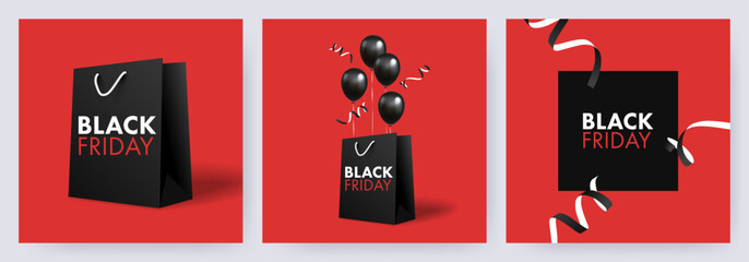 Black Friday Sale banners. Posters Set in black, red and white colors with 3d realistic helium balloons, black paper bag and modern typography. Minimal template for advertising, social and fashion ads