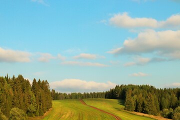 A dirt road leads to the top of a green hill