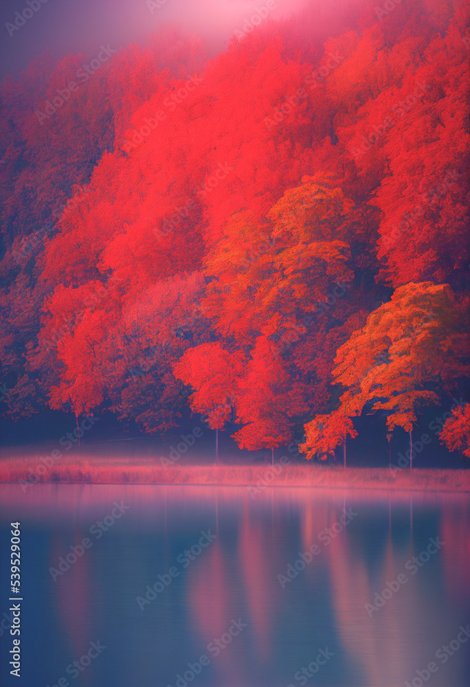Poster bright autumn with white fog and colorful red maple trees by the lake.
