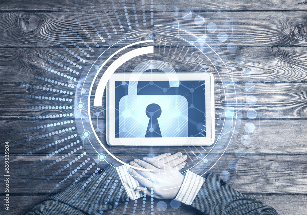 Poster concept of computer access with media lock icon on tablet screen