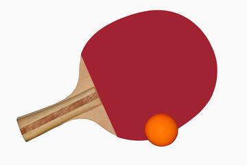 Table tennis racket and ball on a white background	