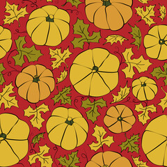 Hand drawn seamless vector pattern with pumpkins and leaves for fabric, wrapping paper or wallpaper. Vegetable autumn background. Holiday Halloween pattern