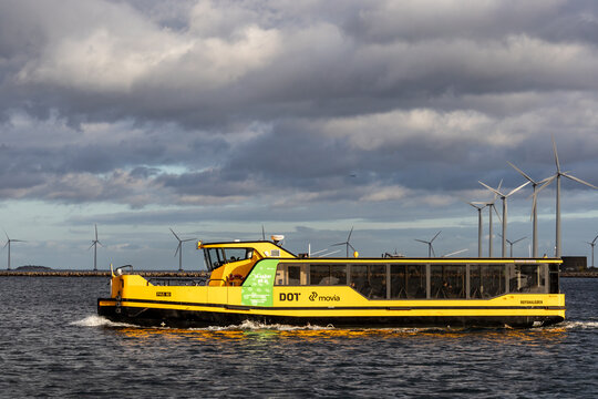 Copenhagen, Denmark,  An electric passenger ferry also known as a harbor bus, in the Copenhagen harbor..