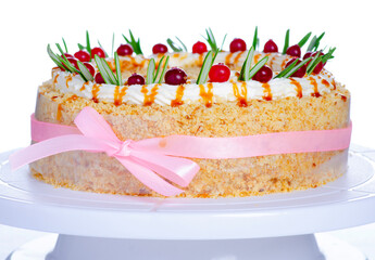 Cake Napoleon on a stand on white background isolation