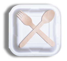 Lunch box with disposable fork and spoon on white background isolation - obrazy, fototapety, plakaty