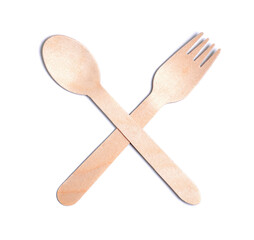 Wooden disposable fork and spoon on white background isolation
