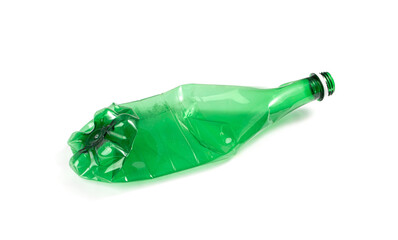 Green Empty Plastic Bottle Isolated, Crumpled Plastic Bottle, Global Pollution Concept, Squashed...