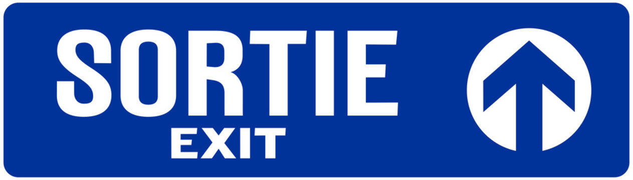 A sign in blue color that idicates the exit in english and  french language