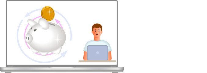 A young man is working on a laptop computer. Creative business ideas, planning of economic tasks.
 3d vector illustration. Cartoon style.