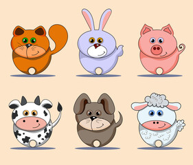 Cute Farm animals set in flat style isolated on background. Vector illustration. Cartoon  animals collection.