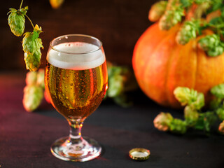 A glass of cold beer, green hop cones and a ripe pumpkin. Wooden background, celebrate autumn holidays and Thanksgiving