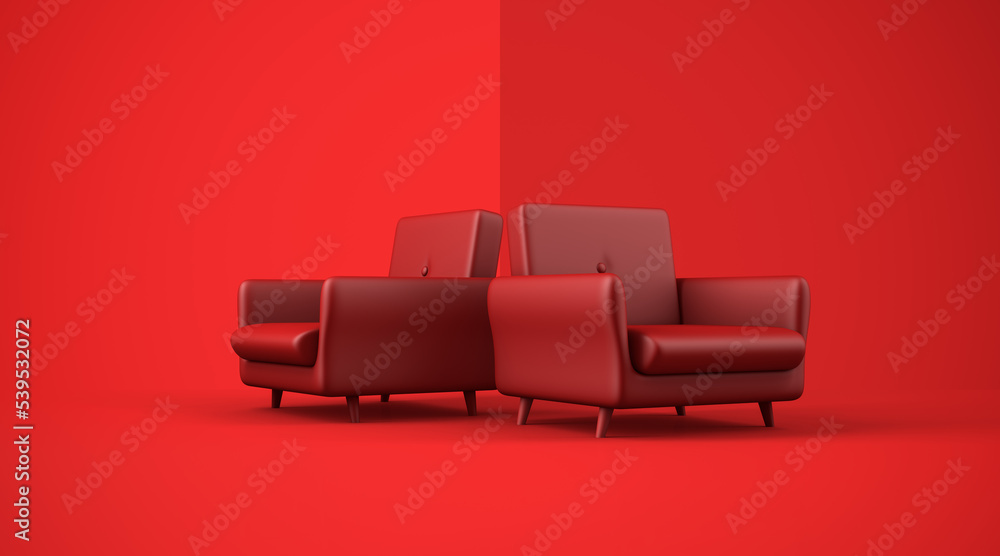 Poster realistic 2 red sofa mock up on red background, 3d rendering, red monochrome color.