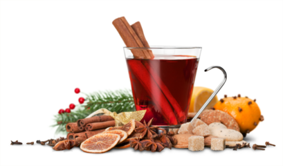 Glass with Hot red mulled wine for winter and Christmas with orange slice, anise and cinnamon sticks isolated on white background