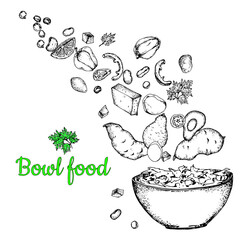 A bowl of food. Vegetarian salad with tomatoes, avocado, tofu, quinoa, beans, yams, paprika. Black white stock illustration on white background, handdrawn,Isolated,For menus,labels,restaurant designs