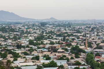 Panorama of Osh town from Sulaiman-Too mountain. The rock Suleiman-too. Osh, Kyrgyzstan