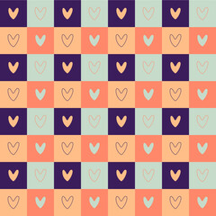 Simple purple, pink hearts vector pattern. Retro style love wallpaper, Vintage square wrapping paper. Textile, fabric design.