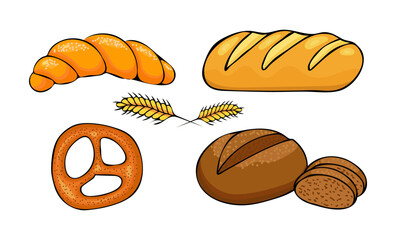 A set of bread hand-drawn in retro style. Flat doodle illustration of various colored bread on a white background. A separate isolated design element. For pastry shops, bakery, shop, grocery, deli.