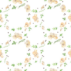 Watercolor illustration of mushrooms green parsley, thyme, garlic. Champignon seamless pattern.