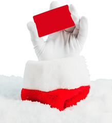 Santa Claus hand holding blank red plastic credit card against light blue bokeh background. Shopping, Sales, Giving Gift for Black Friday, Santas hand sticking out of a snowdrift. Christmas and New Ye