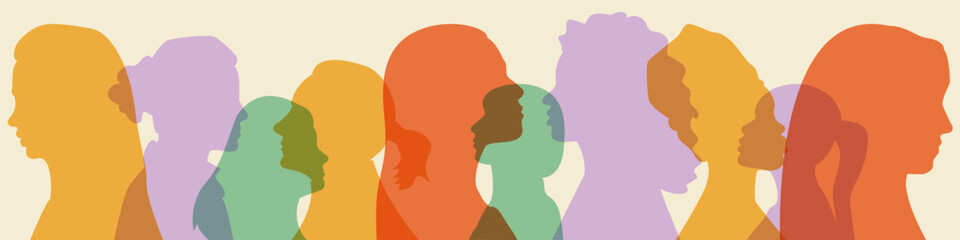 Womens head abstract silhouette in row background. Multicultural multiethnic females. Feminism allyship against gender discrimination. Girl power alliance for equal opportunities. Long banner. Vector.