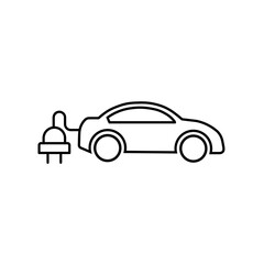 Electric car icon vector outline black EPS 10. Eco friendly electro auto illustration. Green vehicle sign. Car with plug symbol. Eco awareness concept. Isolated on white for web, app, dev, infographic