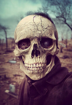 Last Selfie on Earth, skeleton takes a photo of himself, Apocalyptic Time