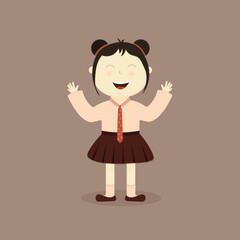 Happy asian girl in skirt on brown background