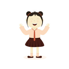 Happy asian girl in skirt on white background