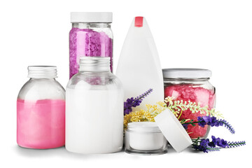 Healthy spa concept with perfume and oil bottles and flowers