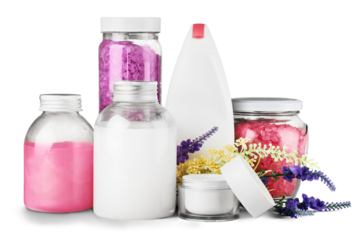 Healthy spa concept with perfume and oil bottles and flowers