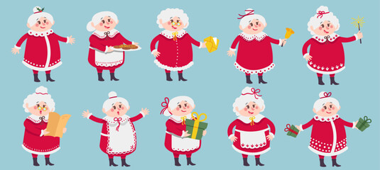 Mrs Claus character. Christmas mascot cartoon vector illustration set
