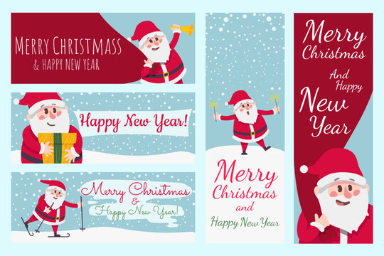 Xmas banner. Merry Christmas and Happy New Year banners with Santa Claus vector illustration set