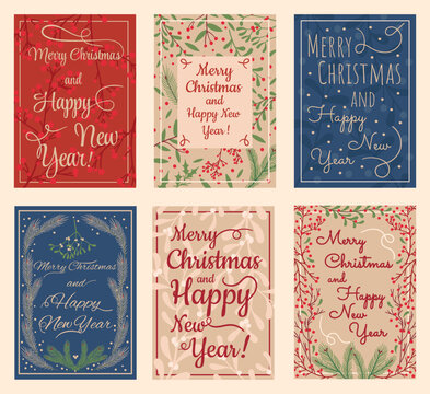 Greeting card with Merry Christmas and Happy New Year lettering. Winter holidays hand drawn cards with mistletoe branches floral decor vector set