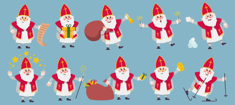 Saint Nicholas character with bag of gifts, gift box and snowball. Mascot vector illustration set
