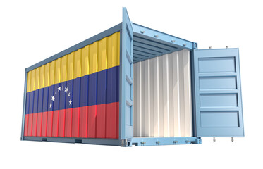 Fototapeta premium Cargo Container with open doors and Venezuela national flag design. 3D Rendering