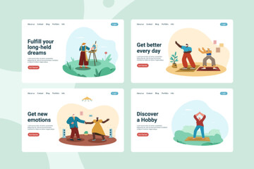 Landing page template of recreation and hobby. Older people active leisure lifestyle. Flat elderly characters dancing at home. Retired man and woman doing sport and painting, vector web banner.