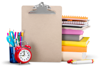 Notebooks, Pens, Alarm Clock and Books