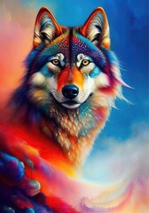 Colorful wolf watercolor portrait, soft pastel colors, spirit animal, room for copy