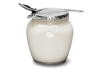 Fresh yogurt with spoon on light background - obrazy, fototapety, plakaty