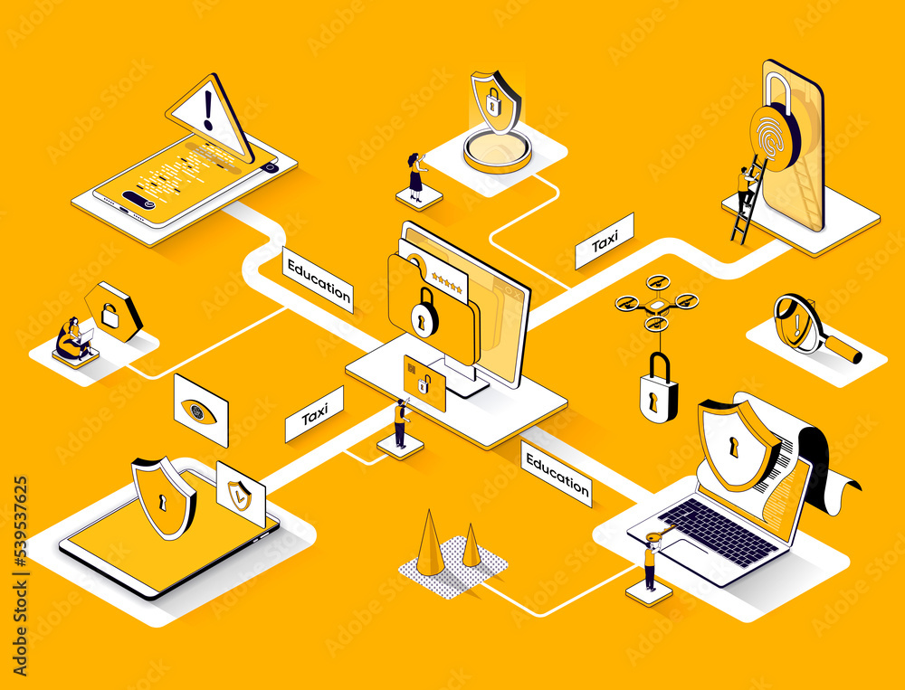 Poster cyber security isometric web banner. protect personal data 3d scene design. modern identification te