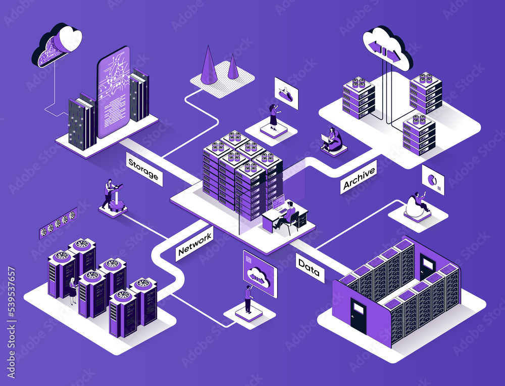 Poster data center isometric web banner. networking, database, cloud storage, internet archive 3d scene des